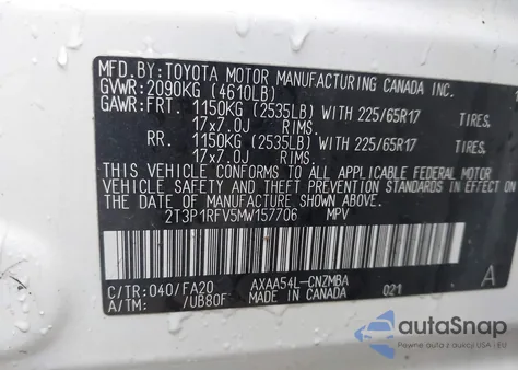 2021 Toyota Rav4 Xle z USA, uszkodzony, nr VIN 2T3P1RFV5MW157706